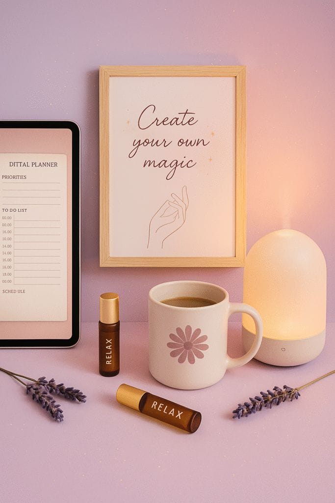 Flat lay with digital tools, mug, lavender, and framed art on pastel background.